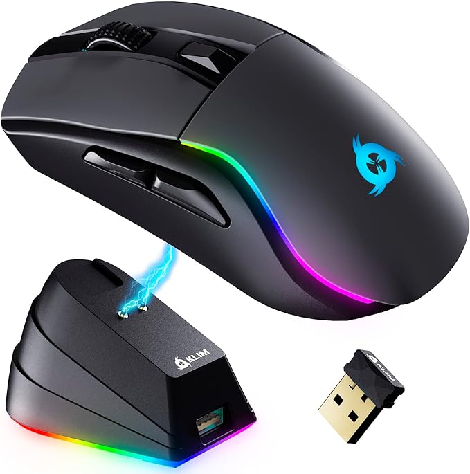 KLIM Blaze Y RGB Rechargeable Wireless Gaming Mouse with Charging Dock - RGB, High-Precision Sensor, Long-Lasting Battery - Up to 6000 DPI - Great PC Gaming Mouse - Wired and Wireless