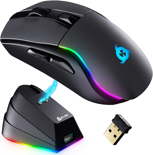 KLIM Blaze Y RGB Rechargeable Wireless Gaming Mouse with Charging Dock - RGB, High-Precision Sensor, Long-Lasting Battery - Up to 6000 DPI - Great PC Gaming Mouse - Wired and Wireless