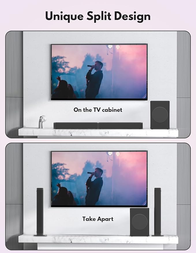 2 in 1 Separable Sound Bar for Smart TV with Subwoofer, Bluetooth 5.0 Surround Sound System for Home Theater, ARC/Optical/Aux/USB TV Speaker, Treble/Bass Adjust, 10 EQ Modes, Remote Included