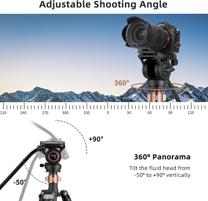 Cayer FP2450 Fluid Head Tripod, 75 inches Aluminium Video Tripod, 4-Section Compact Camera Tripod Monopod with Fluid Head for DSLR Camera, Camcorder, Load Capacity up to 13.2 Pounds