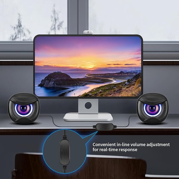USB Computer Speakers for RGB Lighting, PC Speakers with a USB-C Interface are Suitable for Desktop Laptop Monitor, Owl Eye Design, Blue Lights