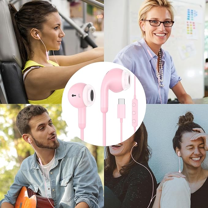 USB C Earbuds USB Type-C Headphones for iPad 10th Generation iPhone 17 Air 16 15 Pro Max Samsung S21 Wired Headphone Earphones with Microphone Volume Control Noise Isolating HiFi Stereo Headset Pink