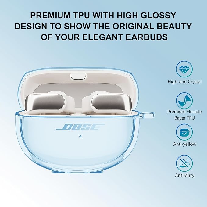 for Bose Ultra Open Earbuds Case Clear 2024,Full Protective Shockproof Soft Transparent TPU Cover for Bose Open Ear Wireless Earbud Headphone Accessories with Carabiner and Cleaning Pen-Blue