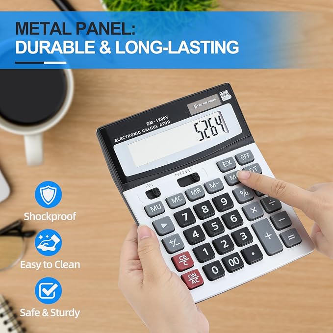 Desktop Calculator 12-Digit with Extra Large LCD Display, Big Buttons for Accounting & Office/School/Home Use - Dual Power (Solar/Battery)