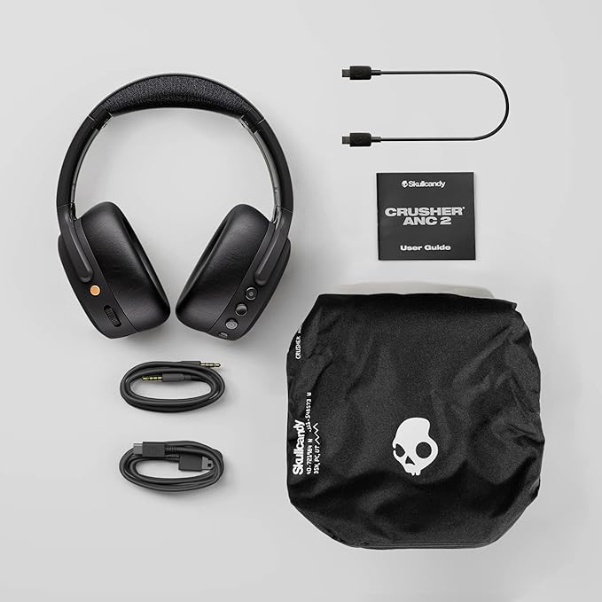 Skullcandy Crusher ANC 2 Wireless Over-Ear Bluetooth Headphones with Extra USB-C Charging Cable, Multi-Sensory Bass, Active Noise Cancelling, 60 Hours Battery, Microphone iPhone Android - True Black
