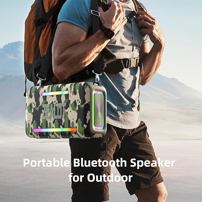 ZEALOT 120W Bluetooth Speaker, Loud Wireless Speakers IPX6 Waterproof Subwoofer Speaker with LED Light, 40H Playtime, Custom EQ, Portable Wireless Stereo Paired Speakers for Outdoor, Party-Camo