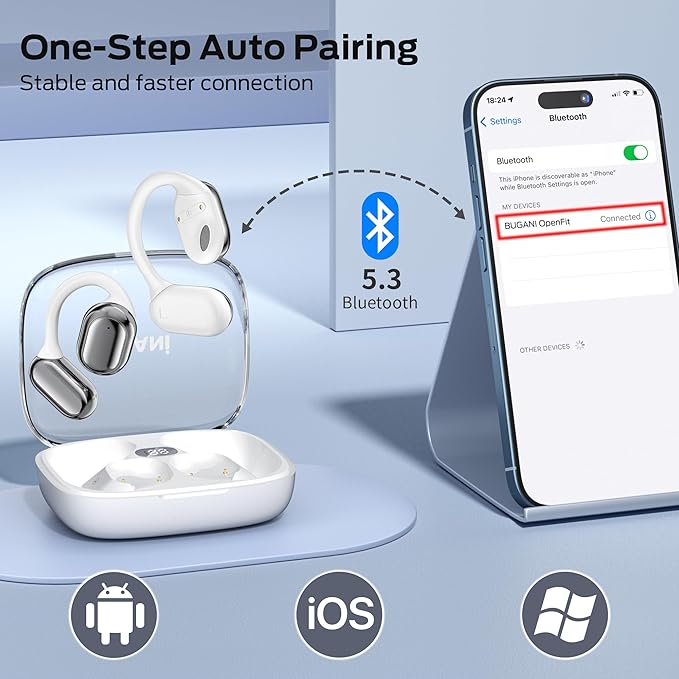 BUGANI Open Ear Headphones, Bluetooth 5.3 Wireless Headphones with Dual Large Driver, Open Ear Earbuds with Immersive Stereo Sound, ENC Clear Talk, 30H Playtime, Waterproof Sport Earbuds for Running