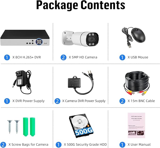 8CH Wired Security Camera System,H.265+ Surveillance Video Recorders with 2 x 2592P 5MP Wired IP66 Bullet Cameras,for Indoor Outdoor Use,500G HDD Included, Email Alert,Mobile APP & PC Remote