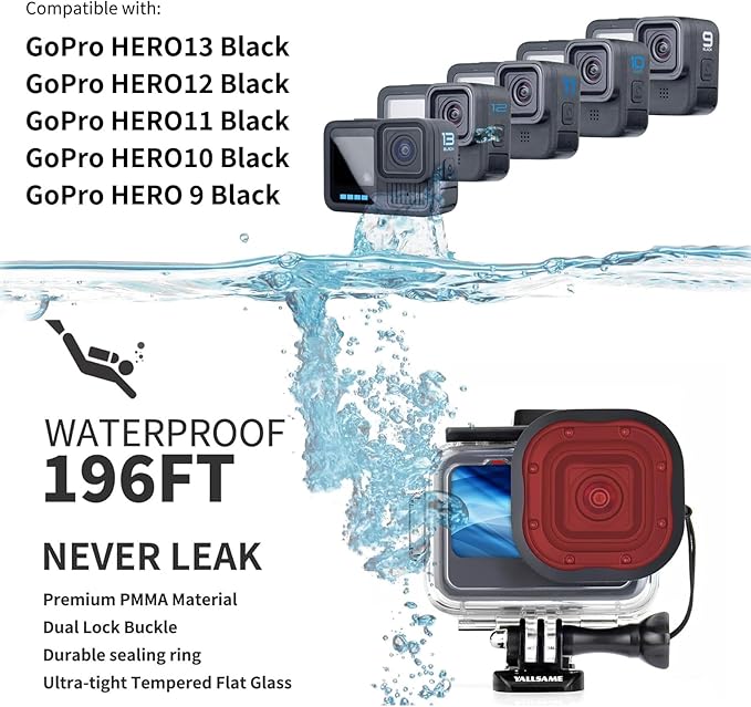Waterproof Case for GoPro Hero 13 12 11 10 9 Black, 196ft Underwater Dive Protective Housing Case with 4 Pack Macro Scuba Snorkeling Diving Filters for Go Pro 9 10 11 12 13 Accessories