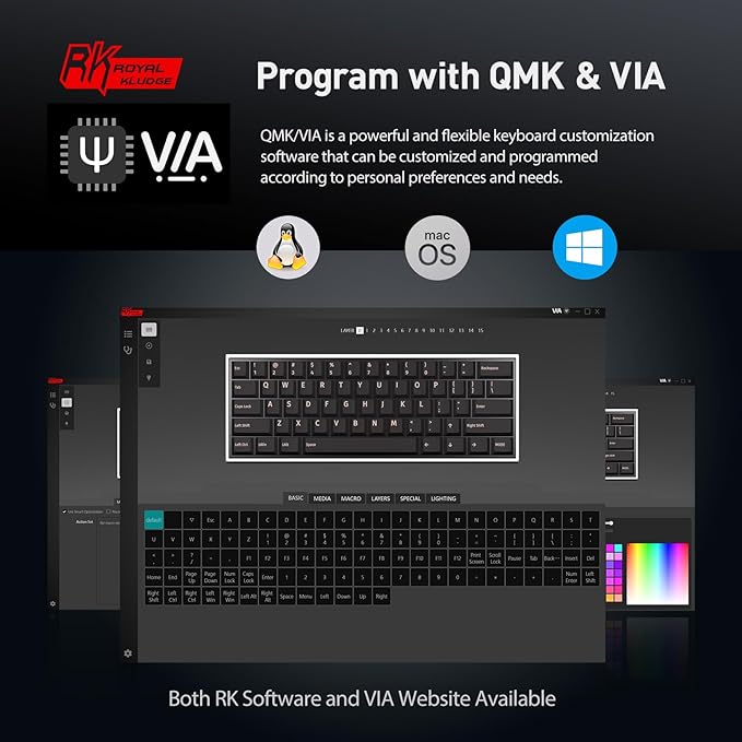 RK ROYAL KLUDGE RK61 Wired 60% Mechanical Gaming Keyboard Programmable QMK/VIA RGB Backlit 61 Keys Ultra-Compact Hot Swappable Brown Switch Black