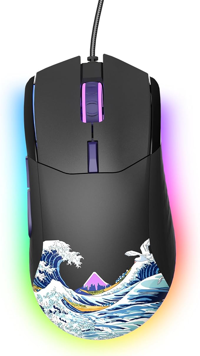 Womier Wired Gaming Mouse,Black RGB Anime Mouse w/Ergonomic Computer 12000DPI/6 Programmable Buttons Programmable Buttons for Laptop PC Mac Windows-G705 V2 Kanagawa