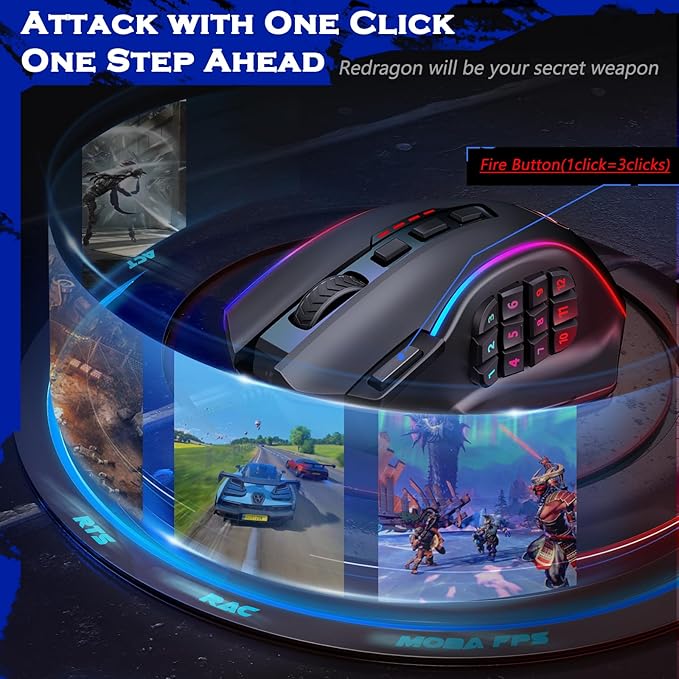 Redragon Gaming Mouse, MMO Mouse Gaming UP 12400 DPI, 19 Macro Programmable Buttons, RGB Mouse with 12 Side Buttons, 8 * 2.4g Weight Tuning for PC Laptop MOBA FPS, M901K, Black