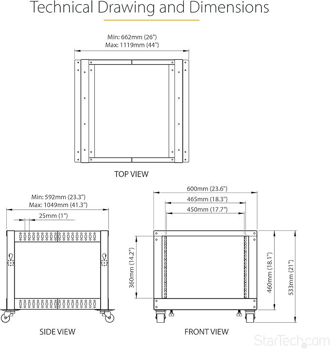 StarTech.com 4-Post 8U Mobile Open Frame Server Rack, 19in Network Rack with Wheels, Small Rolling Rack for Computer/AV/Data/IT Equipment, Casters, Leveling Feet or Floor Mounting (4POSTRACK8U)