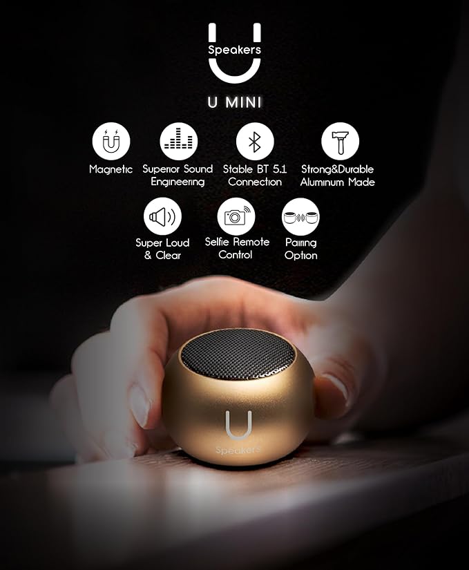 Fashionit U Mini - Small Bluetooth Speaker Wireless - Mic & Remote Shutter, Portable Bluetooth Speakers, Rich Sound for Home & Outdoor, Stocking Stuffers, White Elephant Gifts for Adults - Gold