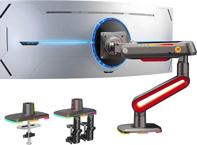 NB Designer Gaming Monitor Arm for 32 to 60 Inches Screen, Load up to 20 kg, VESA 75/100, RGB-Light, Heavy Duty, Multi Angle Adjustable, Premium Aluminum, Long Arm Extension Red