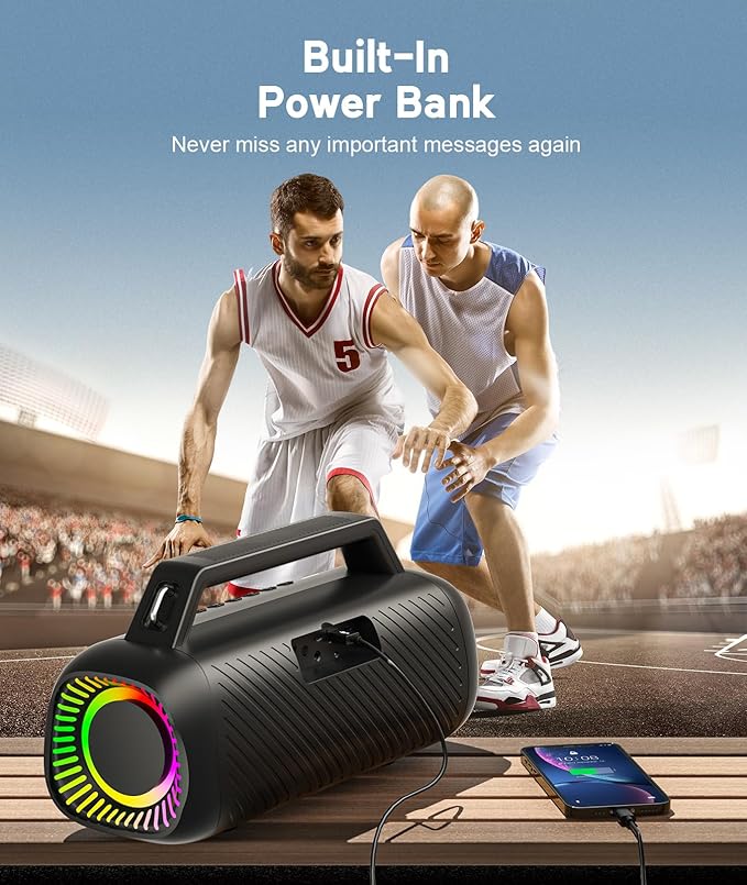 Ortizan Portable Bluetooth Speaker Loud, 80W Peak, Bass Up, 20H Playtime, IPX7 Waterproof, RGB Lights, Wireless Stereo Pairing, BT5.3, USB-C, Subwoofer Outdoor Speaker for Camping, Beach, Backyard