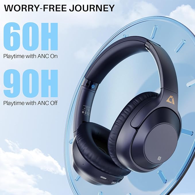 Bluetooth 5.2 Hybrid Active Noise Cancelling Headphones for Airplane Travel, 90H Playtime Wired and Wireless Over Ear ANC Headset for Adults, Android, Home Office