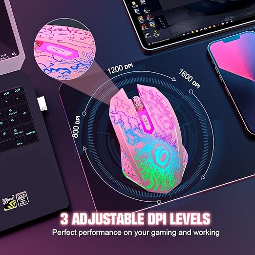 VersionTECH. Wireless Gaming Mouse, Rechargeable Computer Mouse Mice with Colorful LED Lights, Silent Click, 2.4G USB Nano Receiver, 3 Level DPI for PC Gamer Laptop Desktop Chromebook Mac-Pink