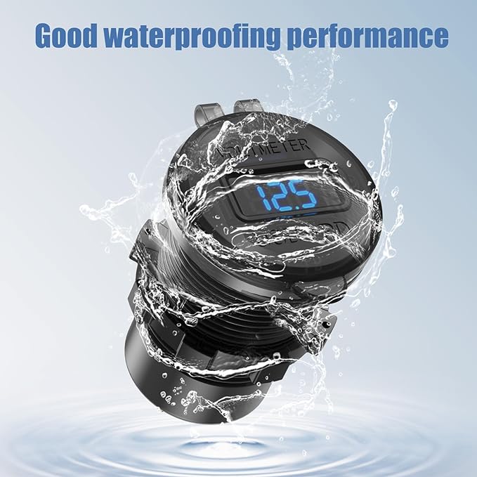 12V USB Car Socket Round USB C 12V Outlet, 3-Port Marine Fast Charger Waterproof Cigarette Outlet Replacement Aluminum with Switch & Voltmeter, Suitable for Boat Golf Cart RV Motorcycle Truck