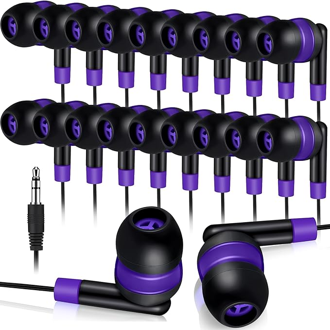 Kanayu 100 Pack Wired Earbuds Bulk for Classroom Ear Headphones Wired Basic Student Earbuds No Microphone with 3.5mm Jack for Kids Class Laptop School Library, Individually Bagged(Purple)