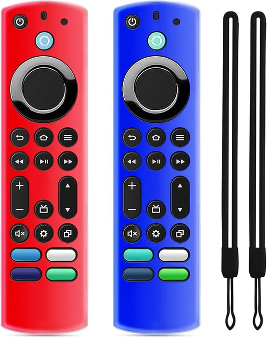(2 Pack) ONEBOM Silicone TV Remote Cover, (6.2 Inch*1.5 Inch) Glow in The Dark, Anti Slip Silicone Protective Case with Lanyard(Red&Deep Blue)