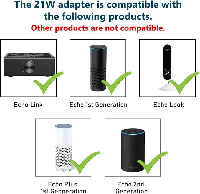 21W Power Adapter for Echo (1st & 2nd Generation), Echo Show (1st Gen), Echo Plus (1st Gen), Fire TV (2nd Gen), Echo Look, Echo Link, 5Ft AC Adapter Power Cord