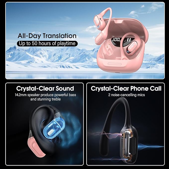 AI Translation Earbuds Real Time with Audio and Video Calls, 164 Language/7 Translation Modes Translator Earbuds Bluetooth 5.4 with APP, 50H Translate Ear Buds Device for Business/Learning, Pink