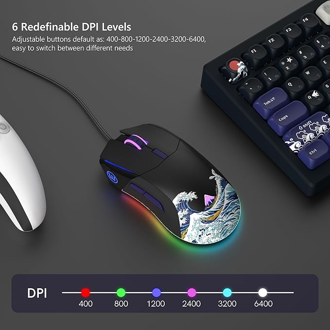 Womier Wired Gaming Mouse,Black RGB Anime Mouse w/Ergonomic Computer 12000DPI/6 Programmable Buttons Programmable Buttons for Laptop PC Mac Windows-G705 V2 Kanagawa