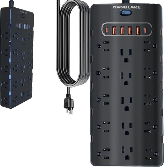 20 Amp Power Strip Surge Protector,Heavy Duty 12 Gauge 6.5 ft Extension Cord,25 AC Outlets,6 Fast USB Ports,4000 Joules,2500W/125V,Office Workshop Household Garage Black,Insurance Coverage.