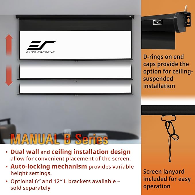 Elite Screens Manual Pull Down Projector Screen 120-INCH Home Movie Cinema Gaming Office Presentation, ISF Certified, Auto-Lock Mechanism, 4K / 8K 3D Ultra HDR HD Ready, M120H