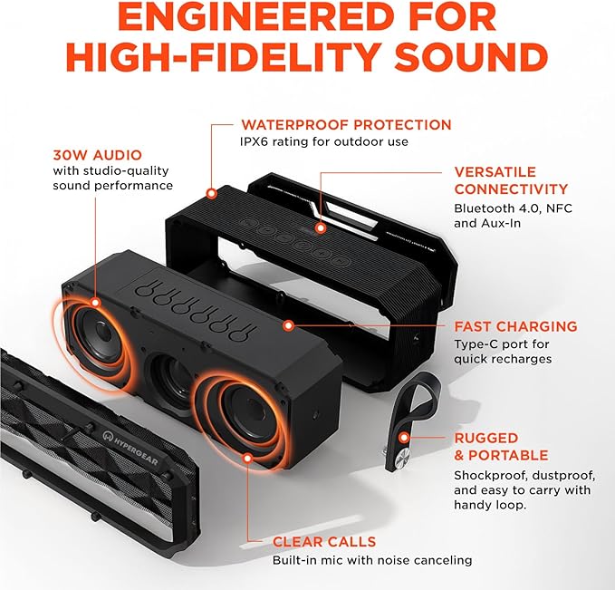 HyperGear BeastXL Bluetooth Speaker Waterproof - 30W IPX6 Portable Speaker Bluetooth, Linkable Blue Tooth Speakers Outdoor and Indoor Beach & Pool Loud Bass Wireless Speakers, Built-in Mic with USB-C