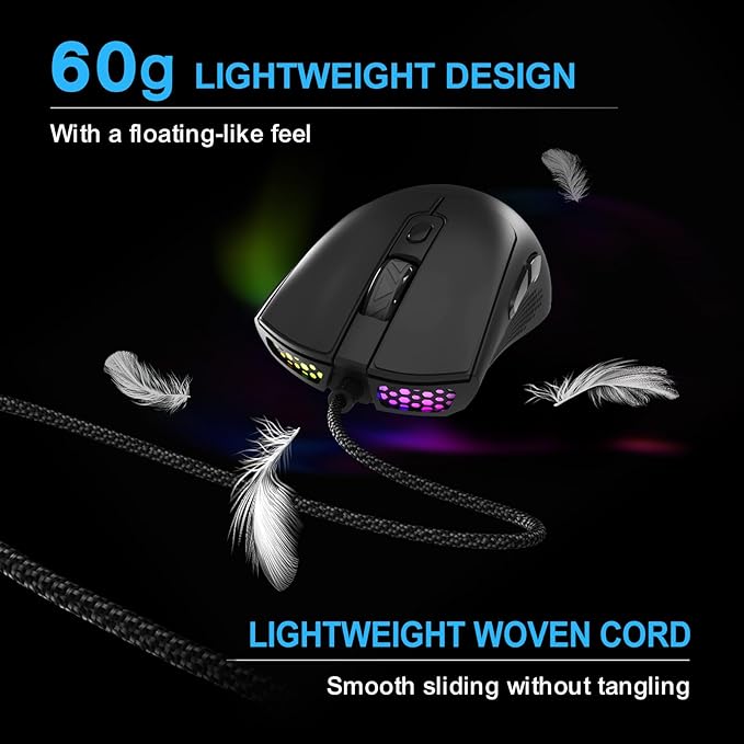 SM-91 Wired Gaming Mouse for PC Laptop, 60g Lightweight, Ergonomic Design, 7200 DPI, 7 Programmable Buttons and RGB Lighting, Anti-Slip Grip, 6ft (1.8m) Braided Cable, Plug and Play