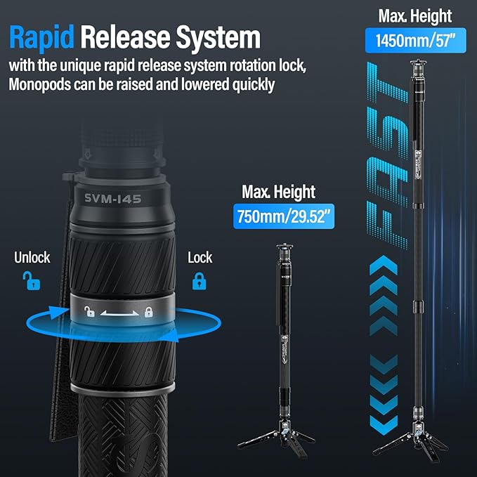 SIRUI SVM-145 Carbon Fiber Camera Monopod with Feet, 60.7" Professional Lightweight Travel Monopod with Fluid Video Head for DSLR Camera, One-Step Height Adjustment, Modular, Max Load 22lbs