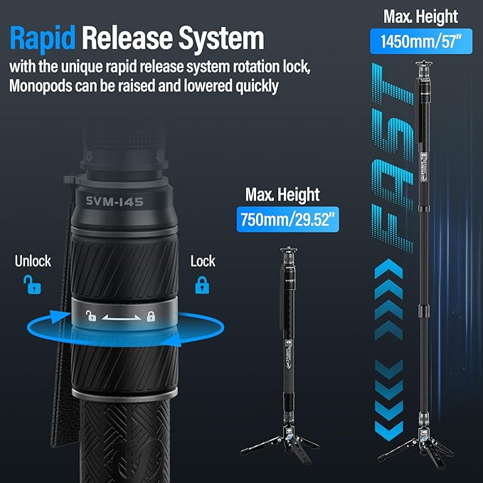 SIRUI SVM-145 Rapid Monopod with Feet, 57” Professional Carbon Fiber Camera Monopod, One-Step Rapid Height Adjustment, Modular 3 in 1, Max Load 22lbs