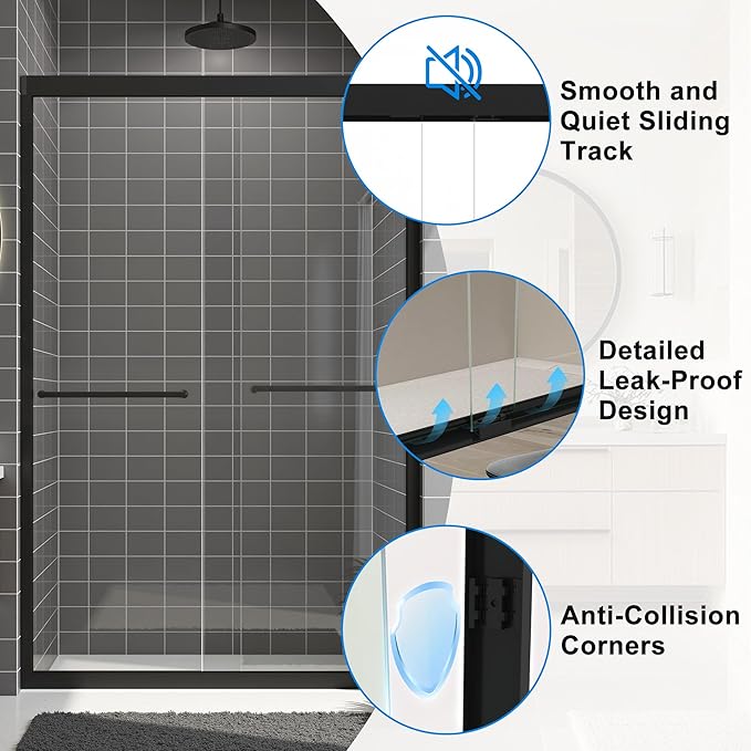 44-48" W x 72" H Shower Door Bathroom Double Sliding Shower Door 1/4"(6mm) Thick Tempered Clear Glass Door with Stainless Steel Handle for Walk-in Shower, Matte Black