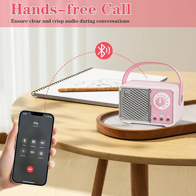 Retro Bluetooth Speaker, Vintage Decor, Wireless Portable Mini Bluetooth Speaker, Small Cute Stylish Vintage Speakers for Kitchen Desk Bedroom Home Office Party Outdoor Gift Pink