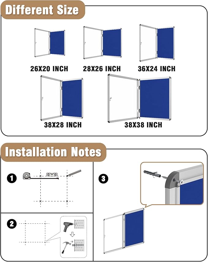 28"x26" Enclosed Bulletin Board, Lockable Weather-Resistant Aluminum Cork Noticeboard for School & Office, Silver Frame w/Blue Flet
