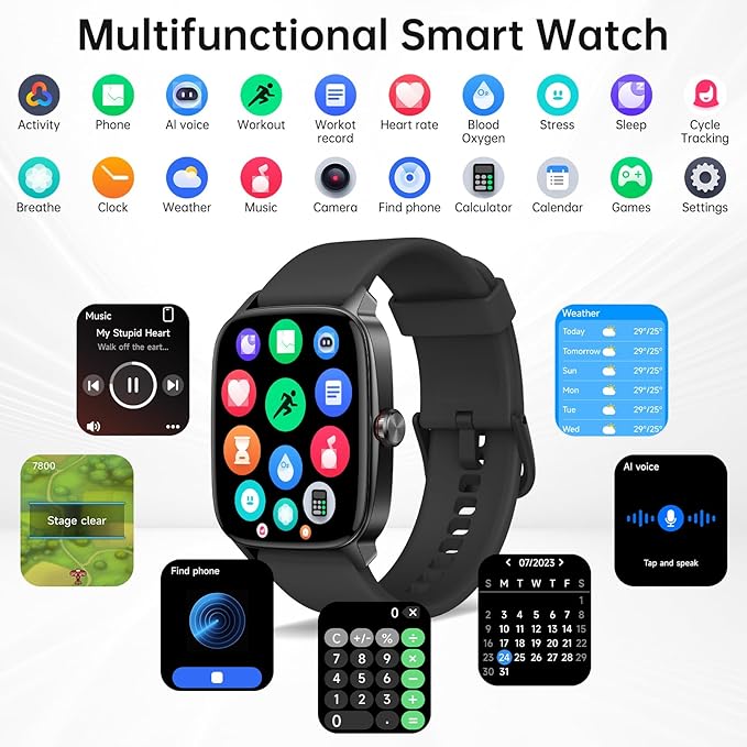 Smart Watches for Women Men with Bluetooth Call & AI Voice, 1.85" HD Fitness Tracker with Heart Rate SpO2 Sleep Monitor, 100+ Sports Modes Mini Games, IP68 Waterproof Smartwatch for Android iOS Phones