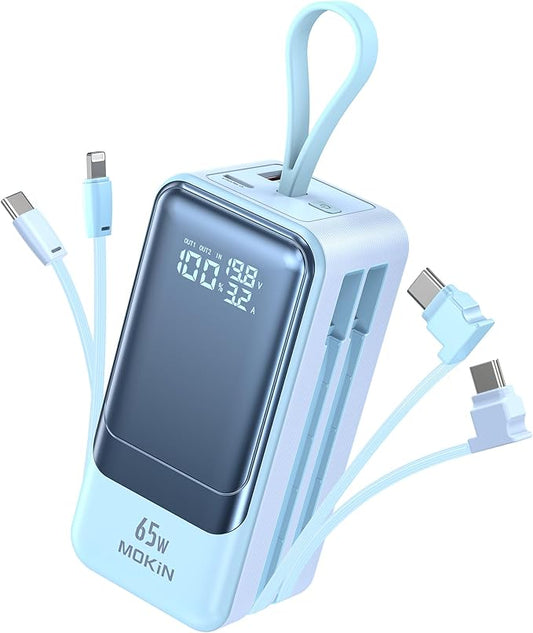 Portable Charger, 65W Power Bank Fast Charging, USB C Battery Pack with Built in Cable, 4 Outputs Powerbank, Travel Essentials Compatible with iPhone 17 16 15 14 13 iPad MacBook Pro Samsung Dell XPS