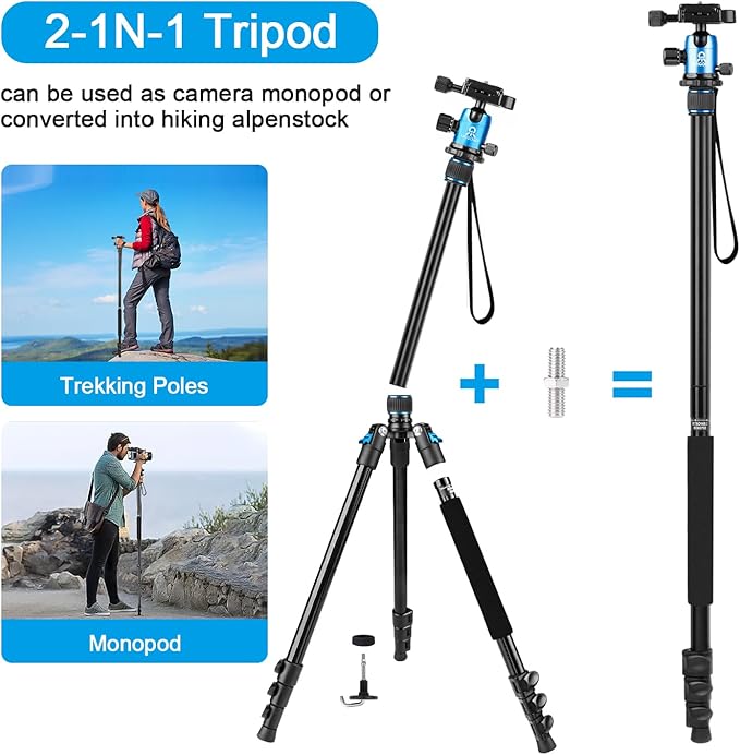 77 inch Camera Tripod Monopod for DSLR, Phone with 360° Panoramic Ball Head Detachable,2 QR Plate, Compact Foldable Aluminum Lightweight Travel Tripod, Bag Included for Camera, Phone(Blue)