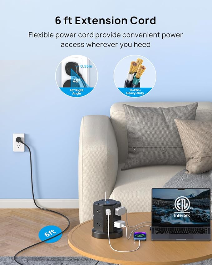 TROND Tower Surge Protector Power Strip with USB, 14 Widely Spaced Outlets, 2 USB-C and 2 USB-A, 2100J Surge Protection, 6 Feet Extension Cord with Multiple Outlets Home, Office, Dorm Essentials Black