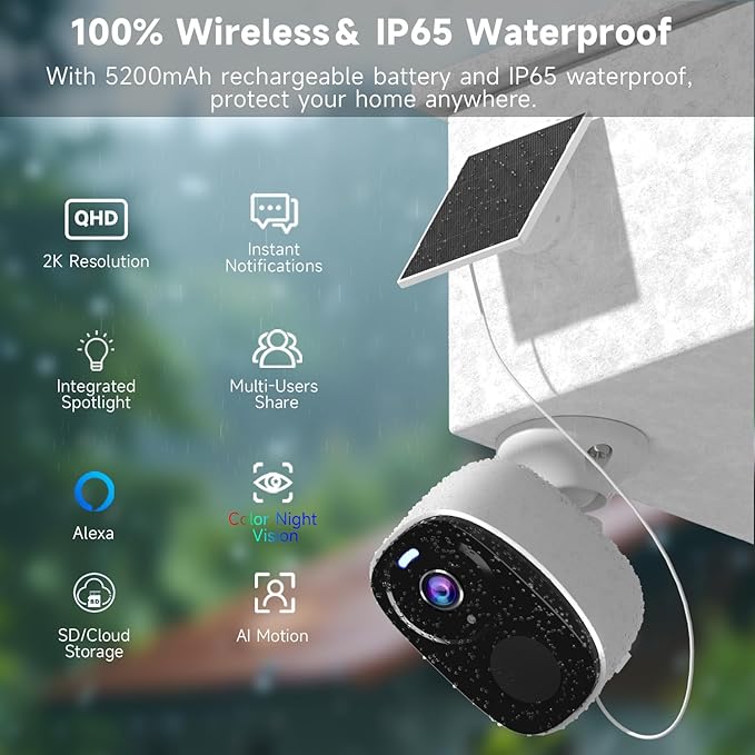 3pcs Solar Security Cameras Wireless Outdoor,2K WiFi Cameras for Home Security with Solar Panel, Battery Powered with Color Night Vision, AI Detection,2-Way Audio, IP65, SD/Cloud, Works Alexa