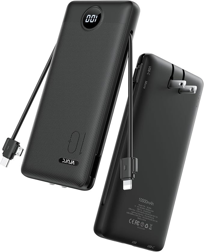 VRURC Portable Charger with Wall Plug, 10000mAh Slim Portable Charger Built in Cables,PD 20W Fast Charging Power Bank with Cords,USB C Portable Phone Charger Travel Accessories -Black(1 Pack)