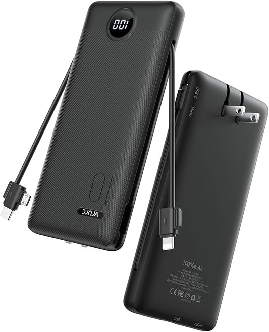 VRURC Portable Charger with Wall Plug, 10000mAh Slim Portable Charger Built in Cables,PD 20W Fast Charging Power Bank with Cords,USB C Portable Phone Charger Travel Accessories -Black(1 Pack)