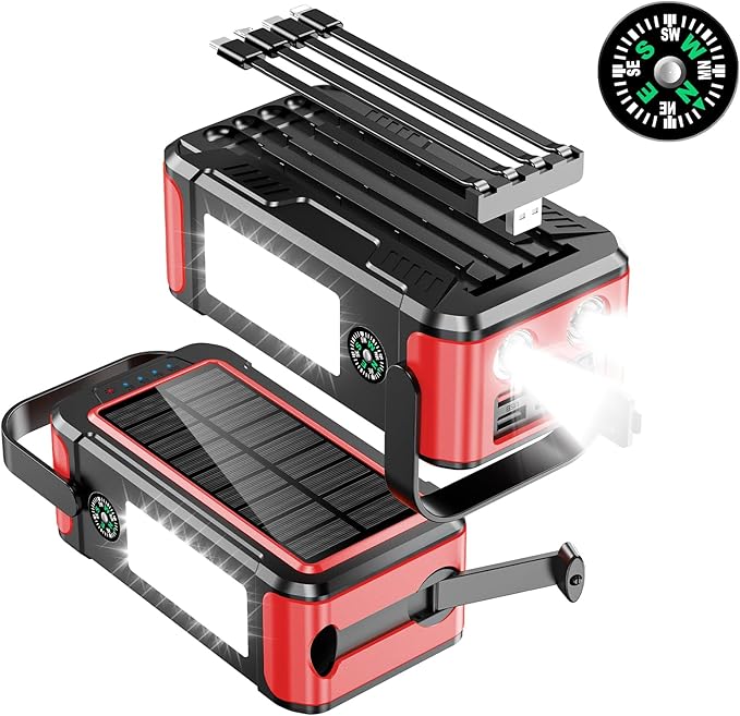 Ultra High Capacity Solar Power Bank 80000mAh, PD18W Solar Charger Power Bank with Built-in Cables, 4 Outputs & 2 Inputs, Outdoor Battery Pack with LED Flashlight for Outdoor Camping Survival (Red)
