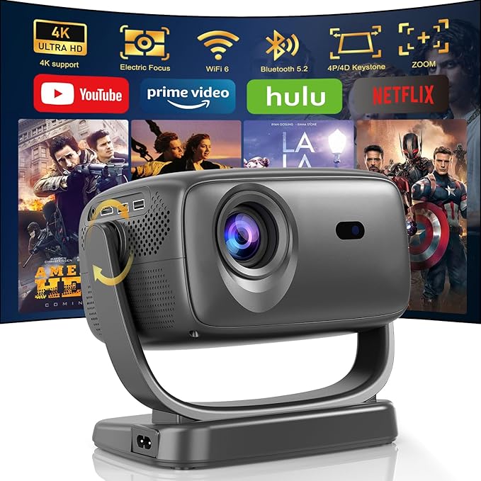 [Built-in App] Mini Projector, 4K Projector with 180° Rotation, FHD 1080P Portable Projector WiFi 6 & Bluetooth 5.2 Support, Smart Outdoor Projector Max 220" Compatible with iPhone/Android/TV Stick