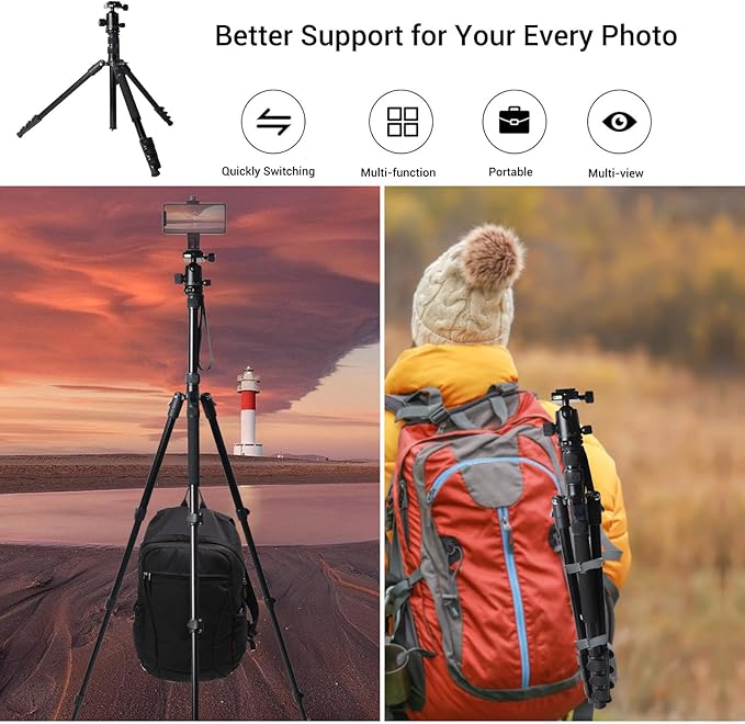 71" Camera Lightweight Foldable Aluminum Tripod & Monopod with 360° Ball Head Payload 33lbs, Adjustable Height Professional Travel Tripod for DSLR Camera Shooting Smartphone