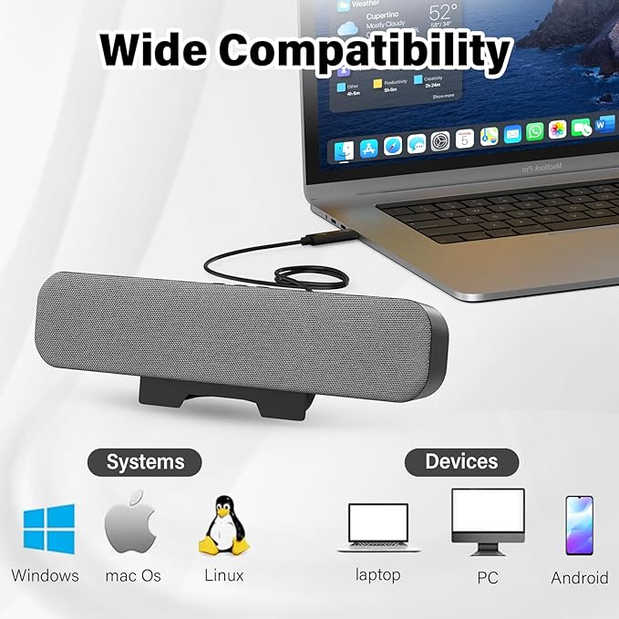 Computer Speakers for Desktop Pc, Monitor Speakers for Laptop,Pc Speakers with Loud Sound,Volume Control Easily Clamps to Monitors(USB-C to USB Adapter Included) (Light Grey)
