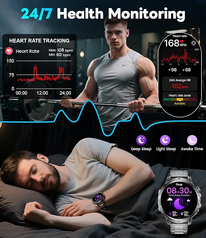 LIGE Military Smart Watches for Men(2 Bands),1000mAh/1.85" HD Large Screen Smartwatch, Flashlight/110+ Sports Modes/Sleep Monitor, Fitness Tracker Watch for Android iOS,Black