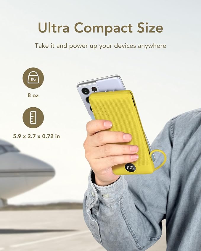 VEGER Portable Charger with Built-in AC Plug and Cables, All in One 10000mAh Ultra-Slim Power Bank, 15W Fast Charging for iPhone, Samsung, Android, Travel Essential (Yellow)